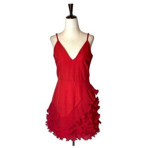 Luxxel Red V Neck And Back Asymmetrical Ruffle Hem Mini Dress Size M